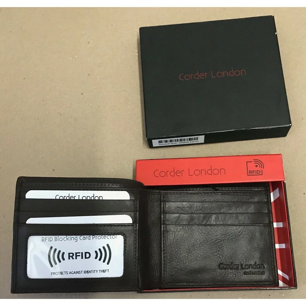 Corder London Baseball Skull Dark Brown Leather Slim Bifold Wallet